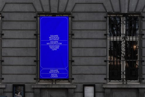 Urban billboard mockup on building exterior under overcast sky, ideal for branding presentations and design showcases, high resolution, realistic textures.